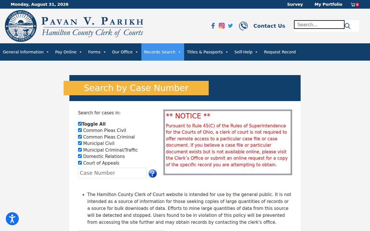 Hamilton County docket search case-number form with division checkboxes