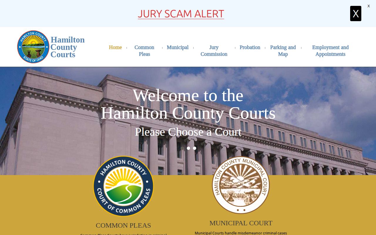 Hamilton County court docket source showing the county courts landing page and court hierarchy