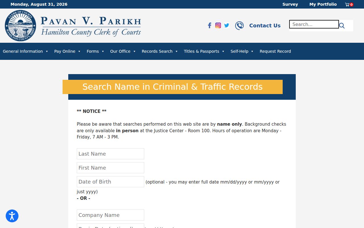 Hamilton County criminal court docket criminal and traffic name-search fields