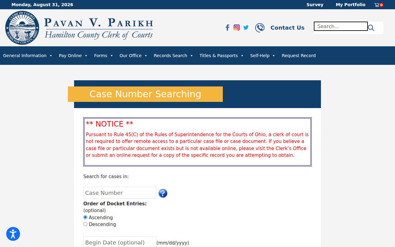 Hamilton County civil court docket case-history date range and order controls