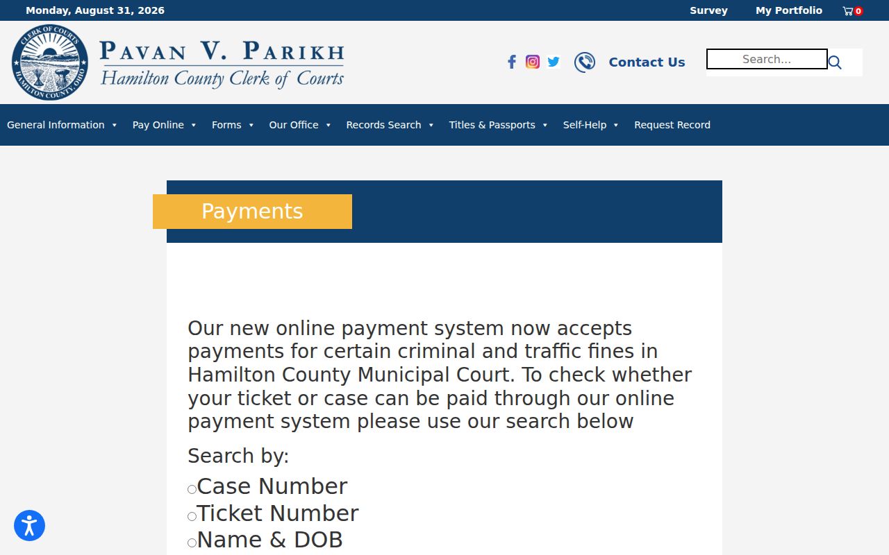 Hamilton County Clerk payment eligibility search for traffic and court costs