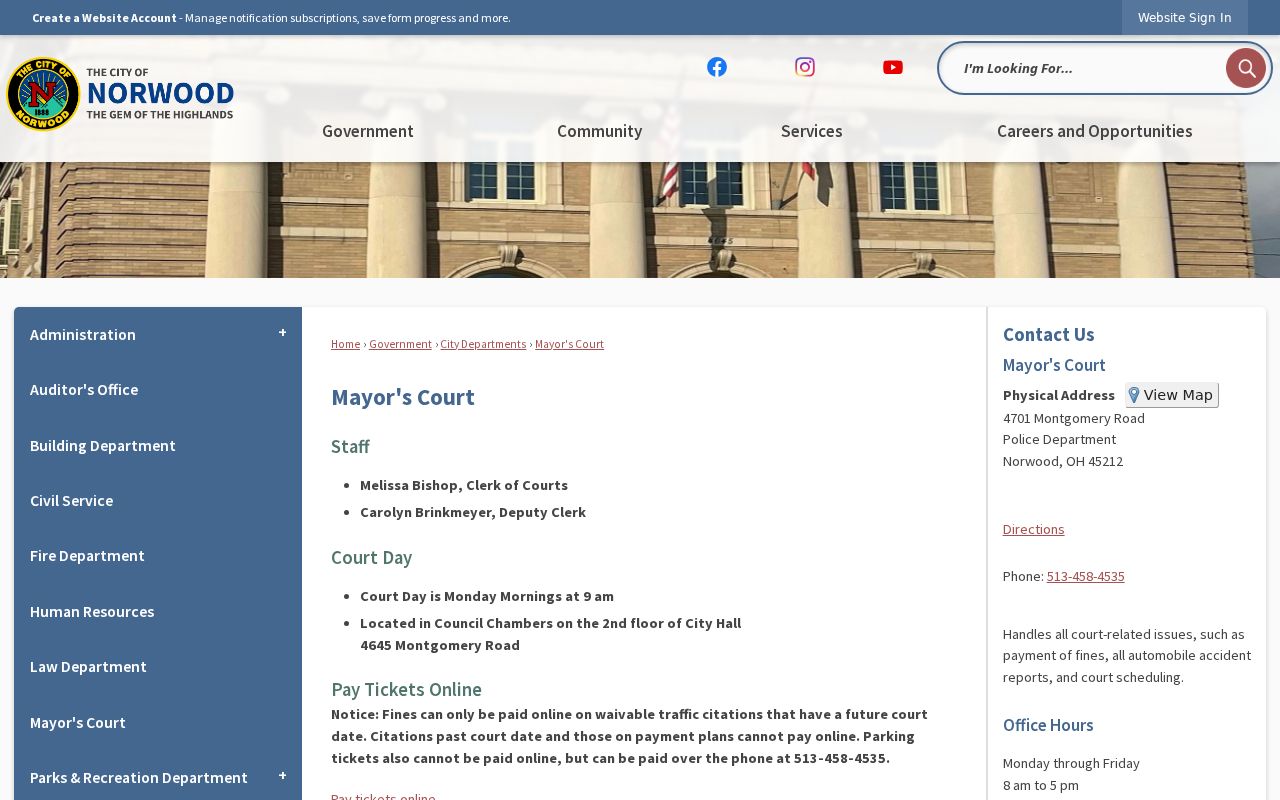 Hamilton County Norwood court records source: Mayor’s Court schedule and local office information