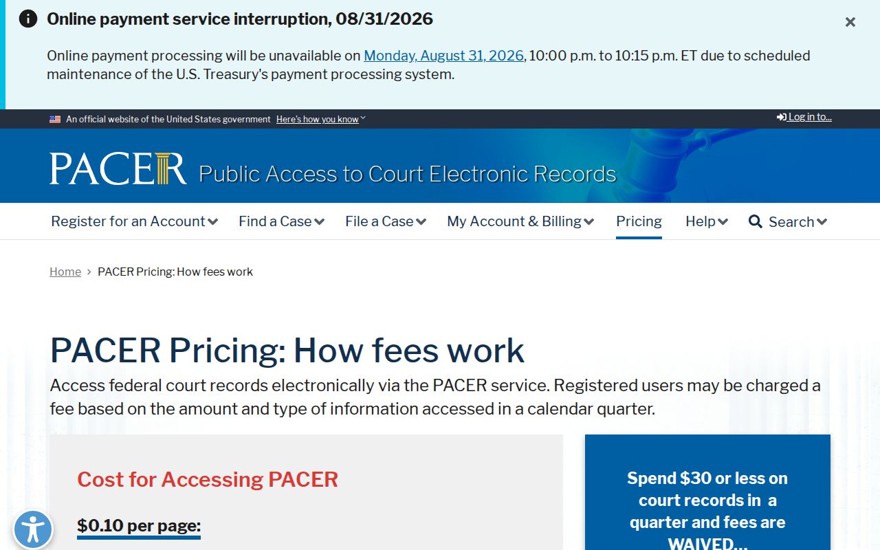 Hamilton County court records source: PACER pricing information for federal court docket access