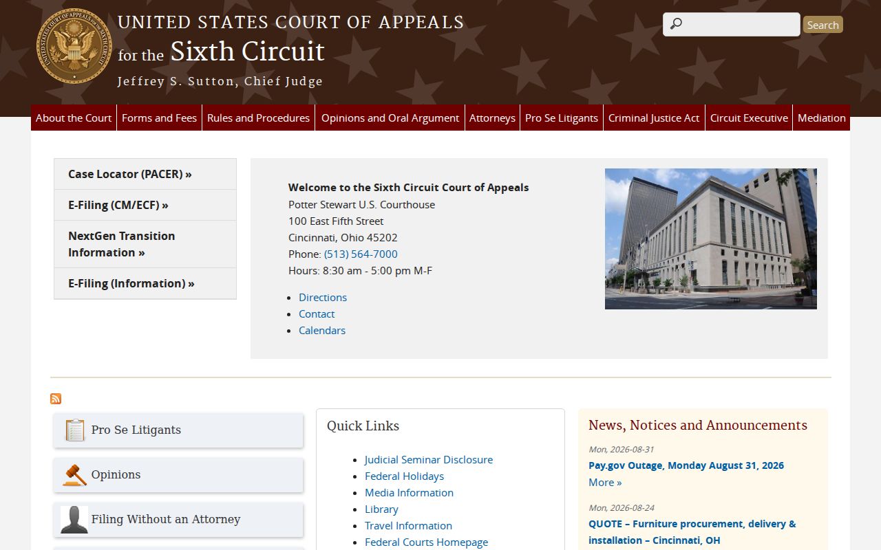 Hamilton County court docket source showing Sixth Circuit federal appellate court portal